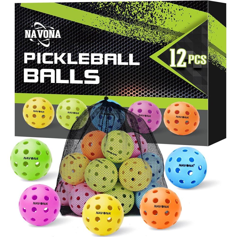 image:imageNavona 12 Pack Premium 40Holes Colorful Outdoor Pickleball Balls Meet USAPA Official Requirement Perfectly Balanced High Bounce True Flight Durable Outdoor Pickleball Set