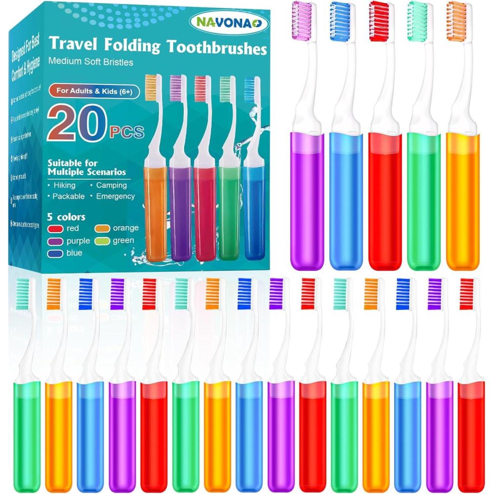 image:imageNavona 20 PCS Travel Toothbrush Set Folding Mini Toothbrush Potable Travel Size Toothbrushes Medium Bristles Individually Wrapped Bulk Toothbrushes for Camping Hiking School