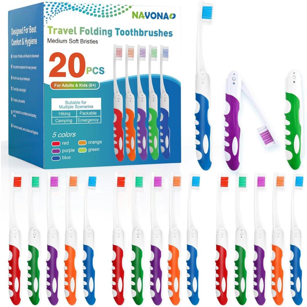 image:imageNavona 20 PCS Travel Toothbrush Set Travel Size Toothbrush Folding Mini Toothbrushes Portable Individually Wrapped Bulk Toothbrushes Medium Bristles for Camping Hiking School
