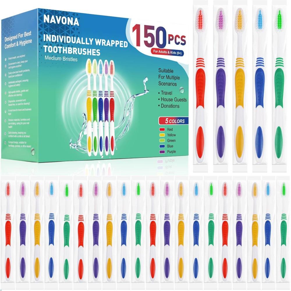 image:imageNavona 50 PCS Premium Individually Wrapped Bulk Toothbrush Pack Disposable Toothbrushes Kids Toothbrush Medium Soft Bristle Toothbrushes Ergonomics Handle Perfect for Travel Hotel Donation1 Count Pack of 150
