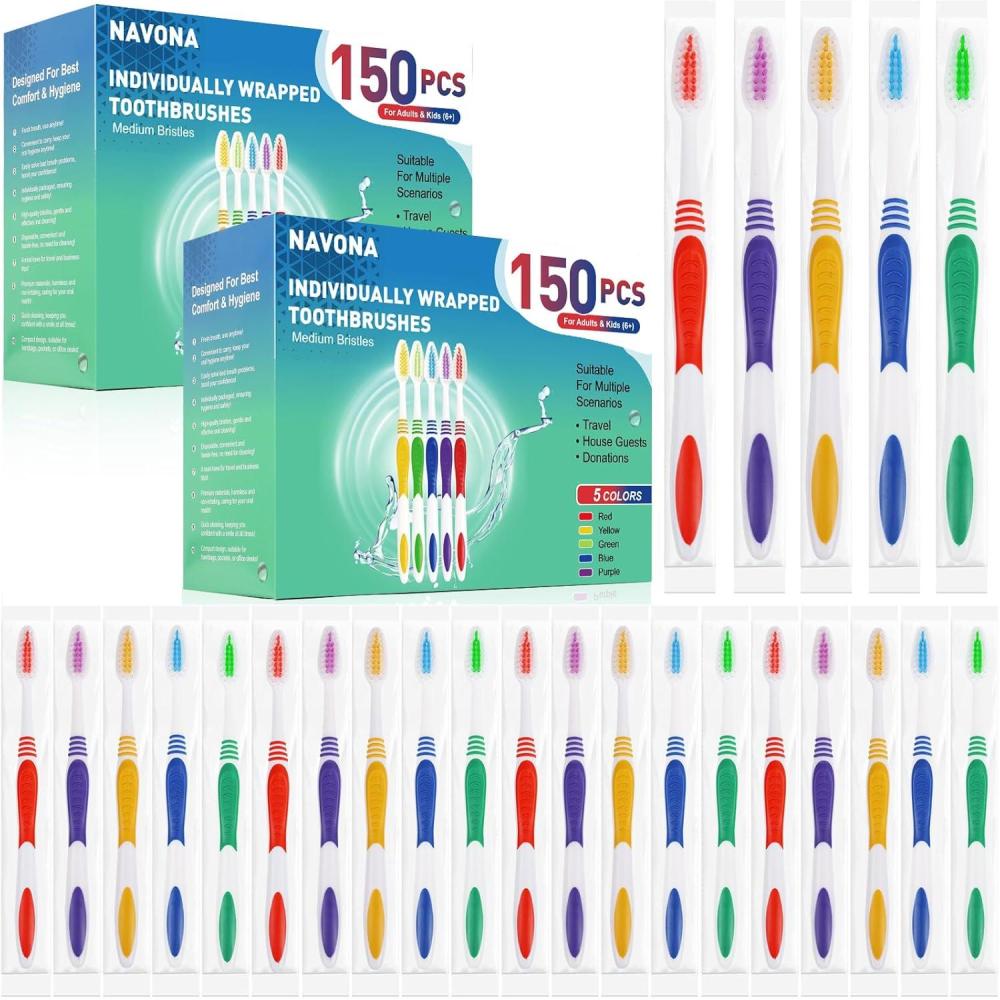 image:imageNavona 50 PCS Premium Individually Wrapped Bulk Toothbrush Pack Disposable Toothbrushes Kids Toothbrush Medium Soft Bristle Toothbrushes Ergonomics Handle Perfect for Travel Hotel Donation1 Count Pack of 300