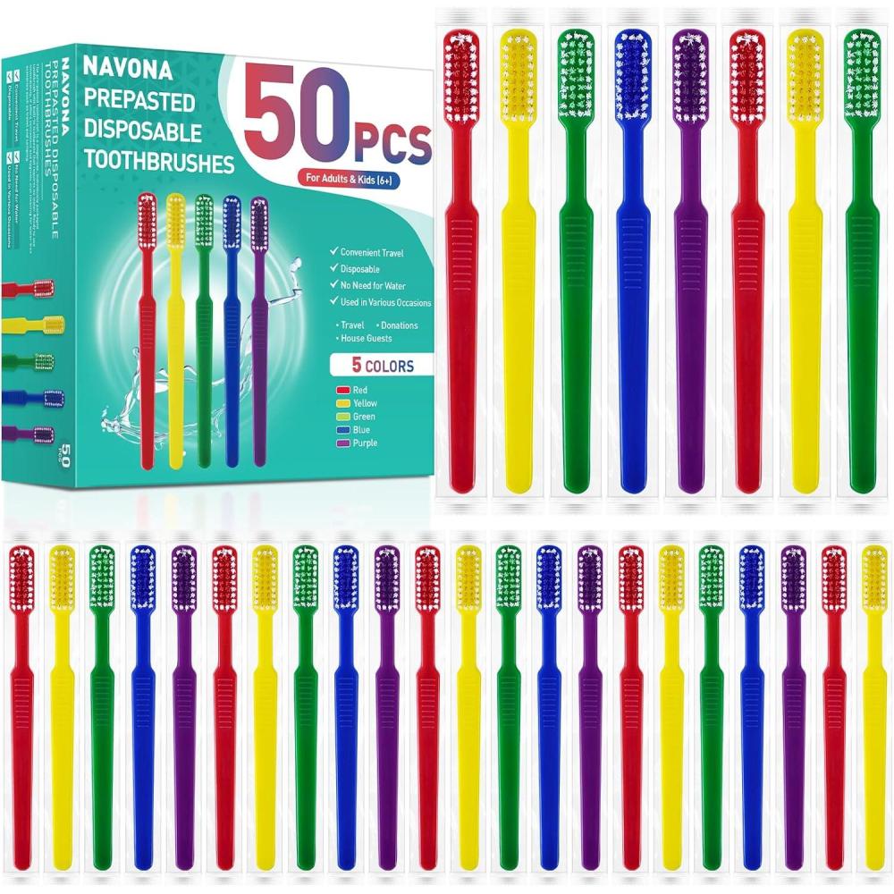 image:imageNavona 50 PCS Prepasted Disposable Toothbrushes with Toothpaste Premium Bulk Toothbrushes Individually Wrapped Single Use Bulk Toothbrush for Travel Guests Hotel Camping1 Count Pack of 50