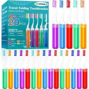 Navona 20 PCS Travel Toothbrush Set, Folding Mini Toothbrush, Potable Travel Size Toothbrushes, Medium Bristles, Individually Wrapped Bulk Toothbrushes for Camping, Hiking, School