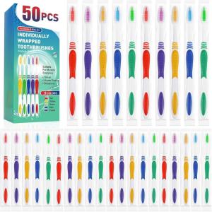 Navona 50 PCS Premium Individually Wrapped Bulk Toothbrush Pack, Disposable Toothbrushes, Kids Toothbrush, Medium Soft Bristle Toothbrushes, Ergonomics Handle, Perfect for Travel Hotel Donation(1 Count (Pack of 50))