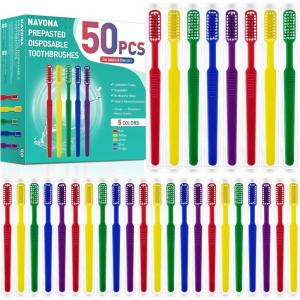 Navona 50 PCS Prepasted Disposable Toothbrushes with Toothpaste, Premium Bulk Toothbrushes Individually Wrapped, Single Use Bulk Toothbrush for Travel, Guests, Hotel, Camping(1 Count (Pack of 50))